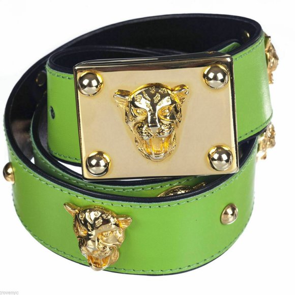 SIGNED ESCADA BRIGHT GREEN LEATHER W PANTHER GOLD TONE DETAILING-MADE IN GERMANY
